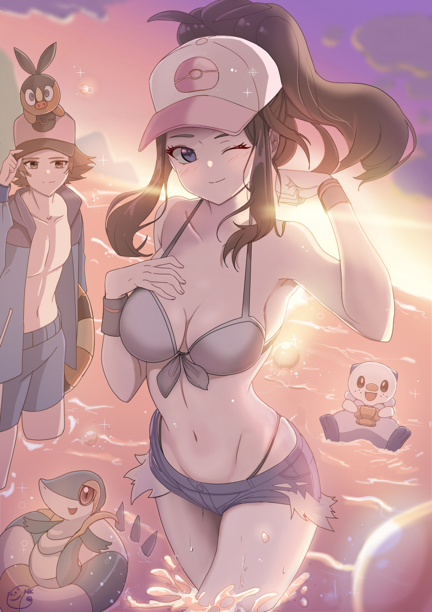 1boy 1girl absurdres artist_logo baseball_cap blue_shorts breasts brown_eyes brown_hair collarbone hand_on_own_chest hat highres hilbert_(pokemon) hilda_(pokemon) lifebuoy looking_at_another looking_at_viewer midriff navel neogul_kim ocean on_head one_eye_closed oshawott panties pokemon pokemon_(creature) pokemon_(game) pokemon_bw pokemon_on_head ponytail short_shorts shorts smile snivy sparkle standing sunset tepig underwear wading wet wristband