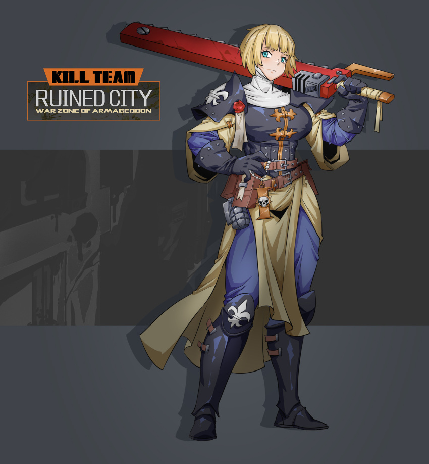 1girl adepta_sororitas ammunition_belt ammunition_pouch armor blonde_hair blue_eyes chainsword english_text explosive fleur-de-lis gloves grenade hand_on_own_hip highres holding holding_sword holding_weapon looking_to_the_side pauldrons pouch rmulderz robe shoulder_armor single_pauldron solo sword warhammer_40k weapon