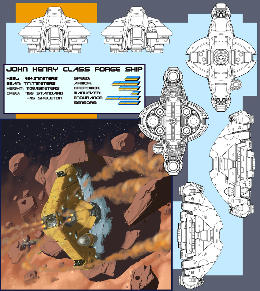 absurdres asteroid boulder commentary concept_art dust dust_cloud english_text eve_online floating floating_object floating_rock from_above from_behind from_below from_side glowing highres mattplog multiple_views no_humans original outdoors rock science_fiction sky space spacecraft star_(sky) starry_sky thrusters vehicle_focus zero_gravity