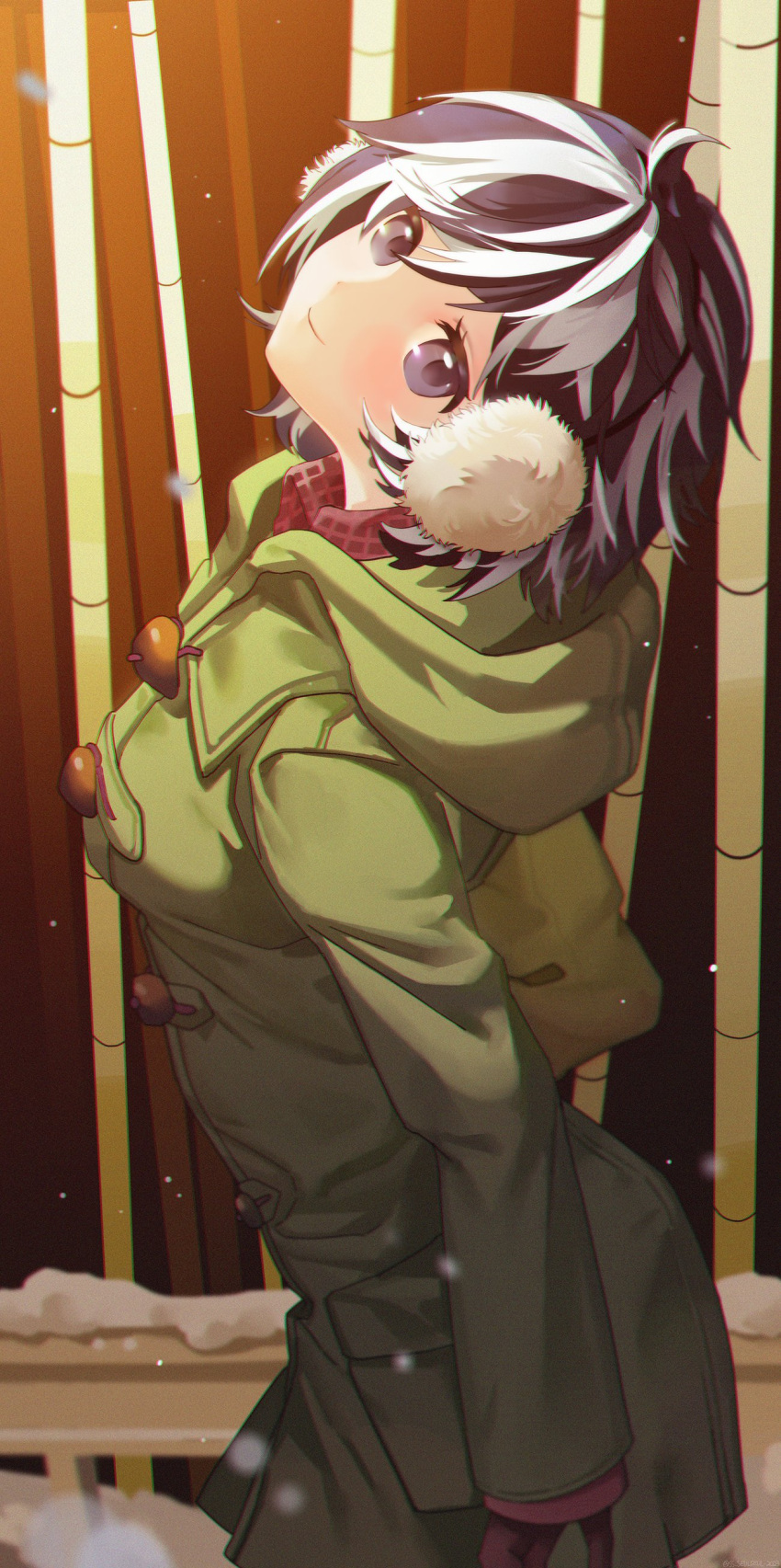 1girl absurdres black_hair closed_mouth coat commentary_request dotori_(seulseul) earmuffs gloves green_coat hanekawa_tsubasa highres koimonogatari looking_at_viewer monogatari_(series) multicolored_hair purple_eyes short_hair smile snow solo two-tone_hair white_hair winter winter_clothes