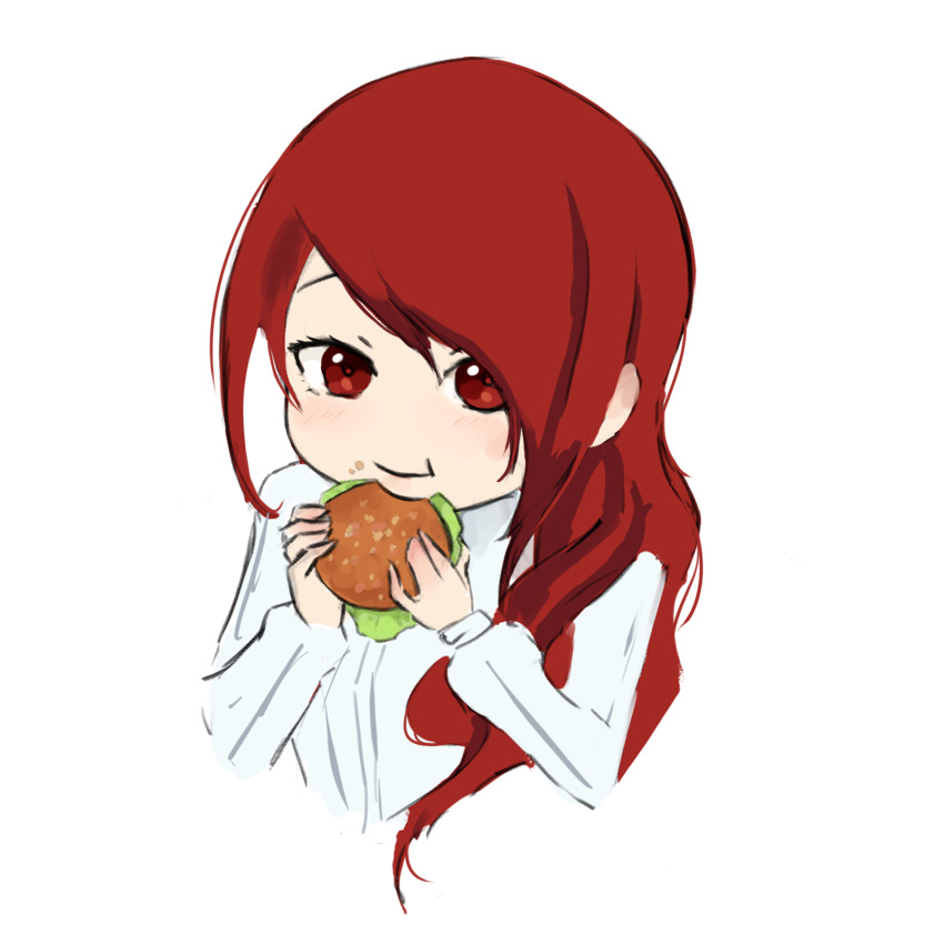 1girl :t asymmetrical_hair burger chibi cropped_torso eating food hair_over_one_eye hair_over_shoulder hands_up highres holding holding_food kirijou_mitsuru long_sleeves meme n7grey persona persona_3 red_eyes red_hair shirt sidelocks simple_background solo swept_bangs white_background white_shirt