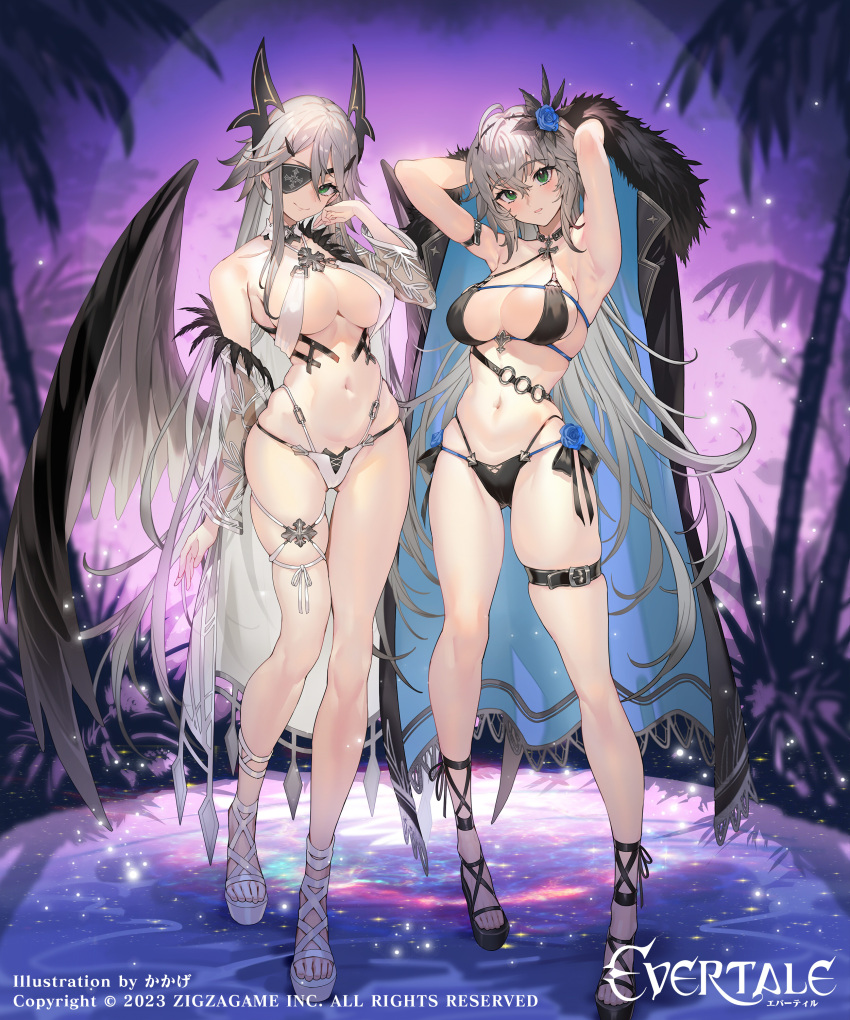 2girls absurdres armpits arms_up artist_name belt bikini black_bikini black_footwear blue_flower blue_rose breasts character_request coat collarbone copyright copyright_name criss-cross_halter crossed_bangs dated english_text evertale eyepatch feathered_wings feet flower full_body fur-trimmed_coat fur_trim green_eyes grey_hair hair_between_eyes hair_flower hair_ornament halterneck highleg highleg_bikini highres kakage large_breasts legs long_hair looking_at_viewer micro_bikini multiple_girls navel official_art on_water outdoors palm_tree purple_background purple_sky rose sandals sidelocks skindentation sky smile standing stomach strappy_heels swimsuit thigh_belt thigh_strap thighs toenails toes tree underboob very_long_hair white_bikini white_footwear wings