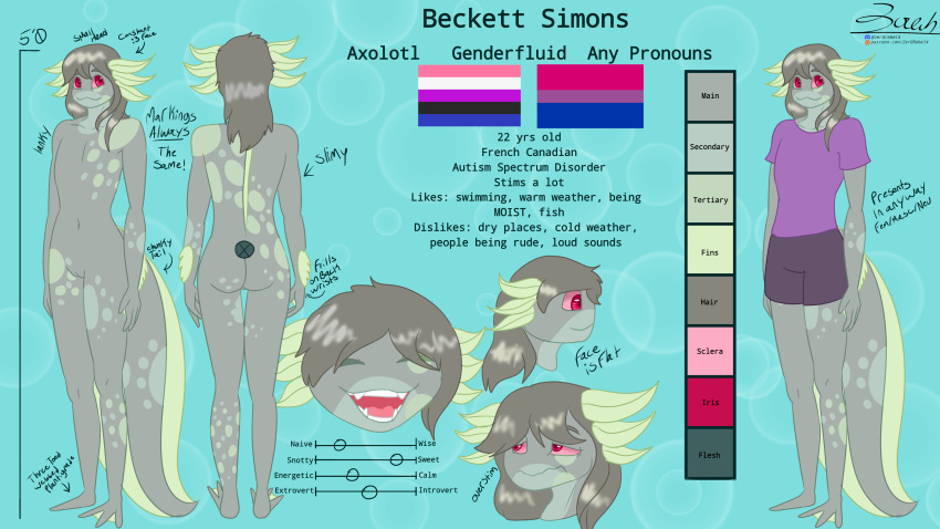 2023 3_toes :3 absurd_res amphibian anthro axolotl beckett_(zer0rebel4) bisexual_pride_colors blue_body blue_markings blue_skin bottomwear butt clothed clothing detailed_markings discord_(app) english_text feet female fin flat_chested flat_colors genderfluid_pride_colors genitals gills green_body green_hair green_markings green_skin grey_body grey_skin hair hi_res lgbt_pride marine markings membrane_(anatomy) model_sheet mole_salamander non-mammal_hair nonbinary_(lore) nude open_mouth patreon pink_sclera plantigrade pride_colors pussy red_eyes salamander_(amphibian) shirt shorts simple_background solo spots spotted_body t-shirt text toes topwear url webbed_feet webbed_hands zer0rebel4