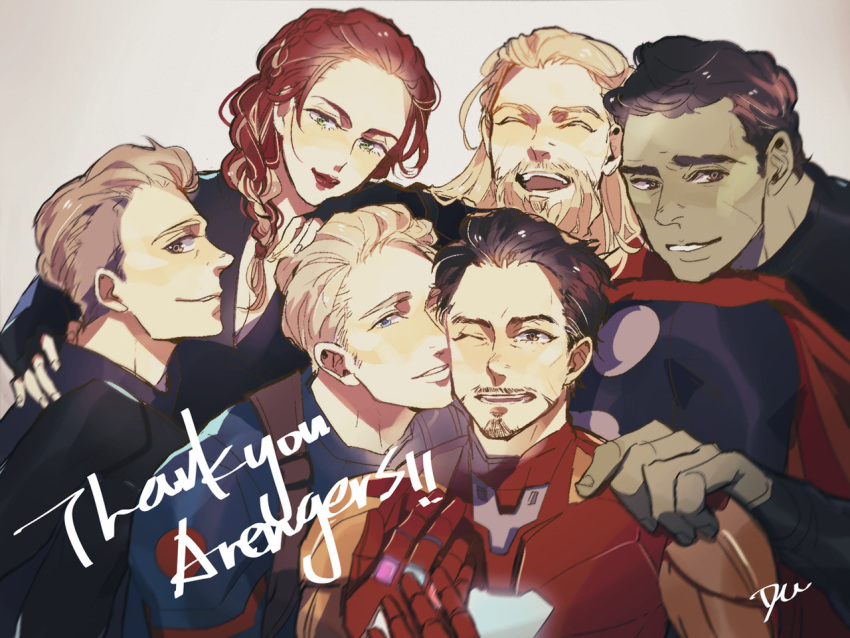 1girl 5boys arc_reactor armor avengers:_endgame avengers_(series) beard black_armor black_bodysuit black_gloves black_hair black_shirt black_widow blonde_hair blue_bodysuit blue_eyes blush bodysuit braid breasts brown_eyes cape captain_america clint_barton closed_eyes closed_mouth colored_skin crossed_legs english_text facial_hair fingerless_gloves fingernails from_side full_armor gloves gradient_hair green_eyes green_skin grey_background hair_ornament hand_on_another's_head hand_on_another's_shoulder hand_up hands_up hawkeye_(marvel) hulk iron_man light_brown_hair lips long_hair looking_at_viewer makeup marvel marvel_cinematic_universe medium_breasts minihardee multicolored_armor multicolored_hair multiple_boys natasha_romanoff one_eye_closed open_mouth power_armor purple_shirt red_armor red_cape red_hair red_lips shirt short_hair simple_background sitting smile standing steve_rogers teeth thor_(marvel) tongue tony_stark yellow_armor