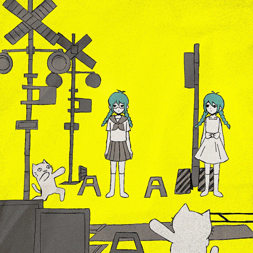 2girls blue_hair cat closed_mouth dress expressionless glasses hatsune_miku highres looking_at_another multiple_girls omocat_(style) omori parody railroad_signal railroad_tracks sapgoon shirt simple_background strobe_last_(vocaloid) style_parody vocaloid white_dress white_shirt yellow_background