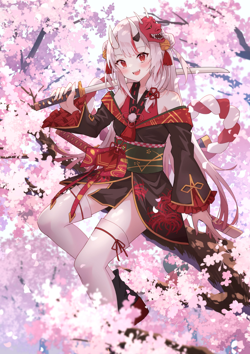 1girl :d bare_shoulders bell black_kimono blush cherry_blossoms double_bun fang floral_print flower frilled_sleeves frills gold_trim gradient_hair grey_hair hair_bell hair_bun hair_ornament highres hololive horns japanese_clothes jingle_bell katana kimono kouhaku_nawa long_hair long_sleeves looking_at_viewer mask mask_on_head multicolored_hair nakiri_ayame off_shoulder okobo oni_horns oni_mask open_mouth over_shoulder pelvic_curtain print_kimono profnote red_eyes red_hair rope shimenawa short_kimono sitting sitting_on_branch smile solo spider_lily streaked_hair sword sword_over_shoulder tabi tassel tassel_hair_ornament thighhighs two_side_up virtual_youtuber weapon weapon_over_shoulder white_thighhighs