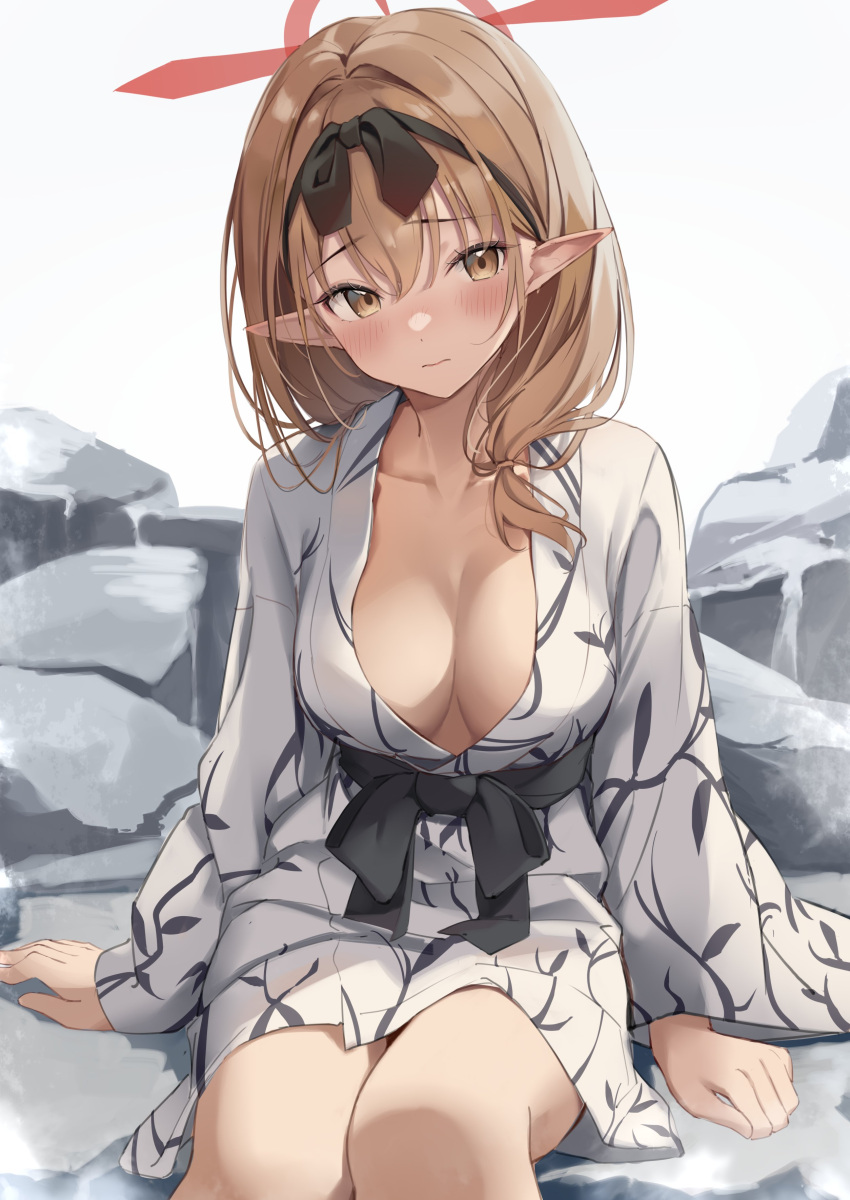 1girl absurdres bath_yukata blue_archive blush breasts brown_eyes brown_hair chinatsu_(blue_archive) chinatsu_(hot_spring)_(blue_archive) closed_mouth collarbone commentary_request feet_out_of_frame halo highres imsaibo3 japanese_clothes kimono large_breasts long_hair looking_at_viewer obi official_alternate_costume pointy_ears red_halo sash sitting solo yukata