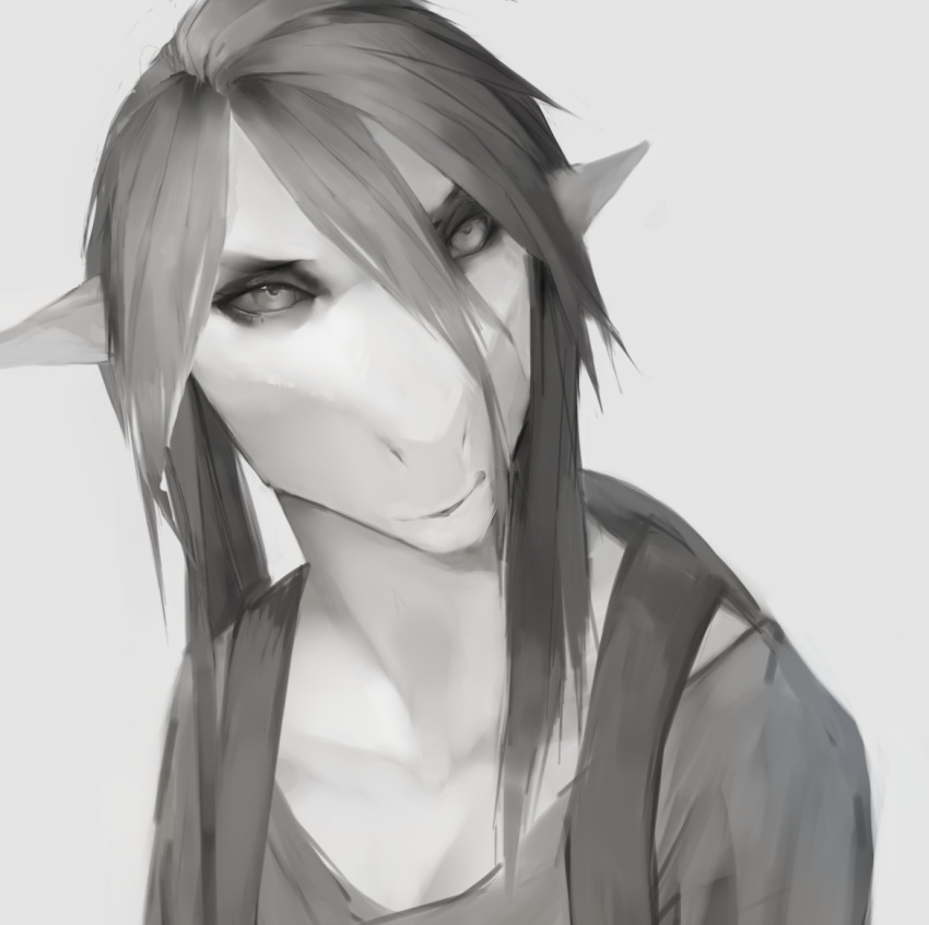 akrolayn ambiguous_species anthro backpack digital_media_(artwork) digital_painting_(artwork) female front_view grey_eyes grey_sclera greyscale looking_at_viewer monochrome scalie shaded simple_background solo white_background