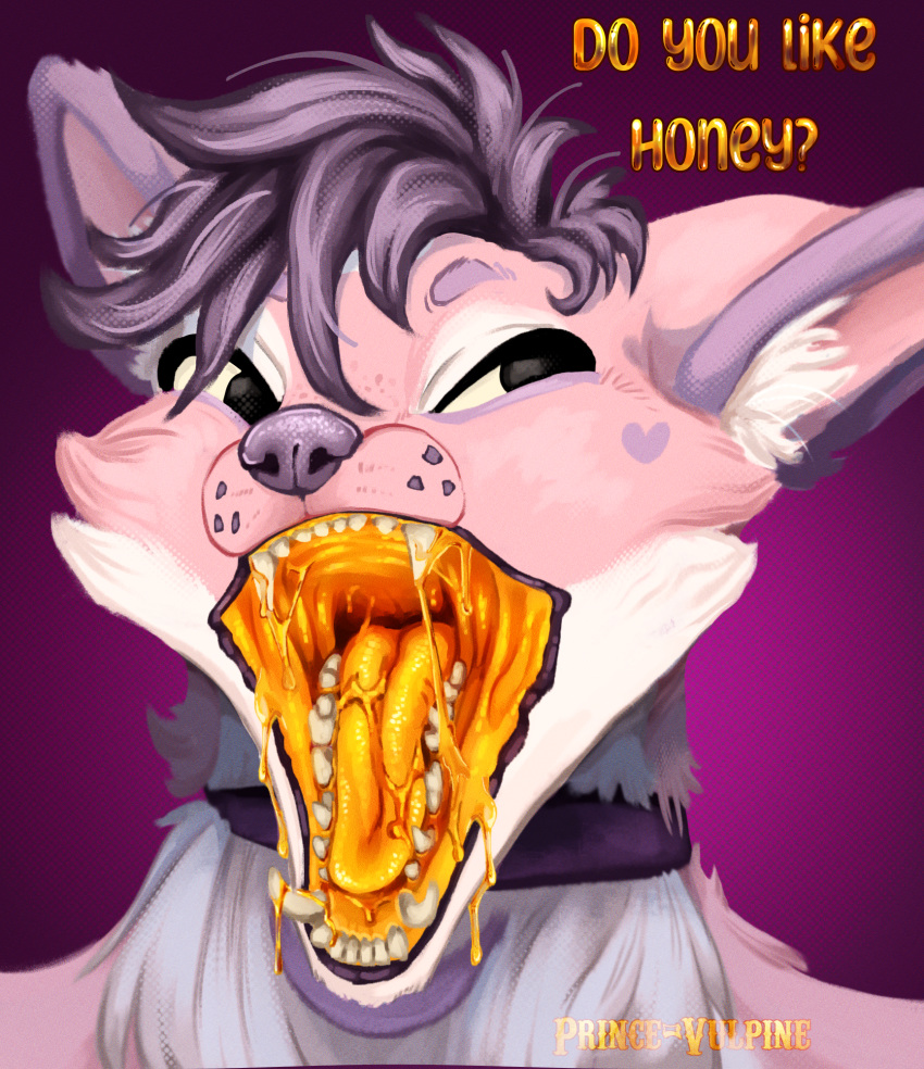 ambiguous_gender anthro black_eyes bodily_fluids canid canine drooling fangs food fur hair hi_res honey_(disambiguation) inner_mouth looking_at_viewer mammal mouth_shot open_mouth pink_body pink_fur prince-vulpine purple_body purple_fur purple_hair purple_nose saliva saliva_string simple_background solo teeth text tongue tongue_out