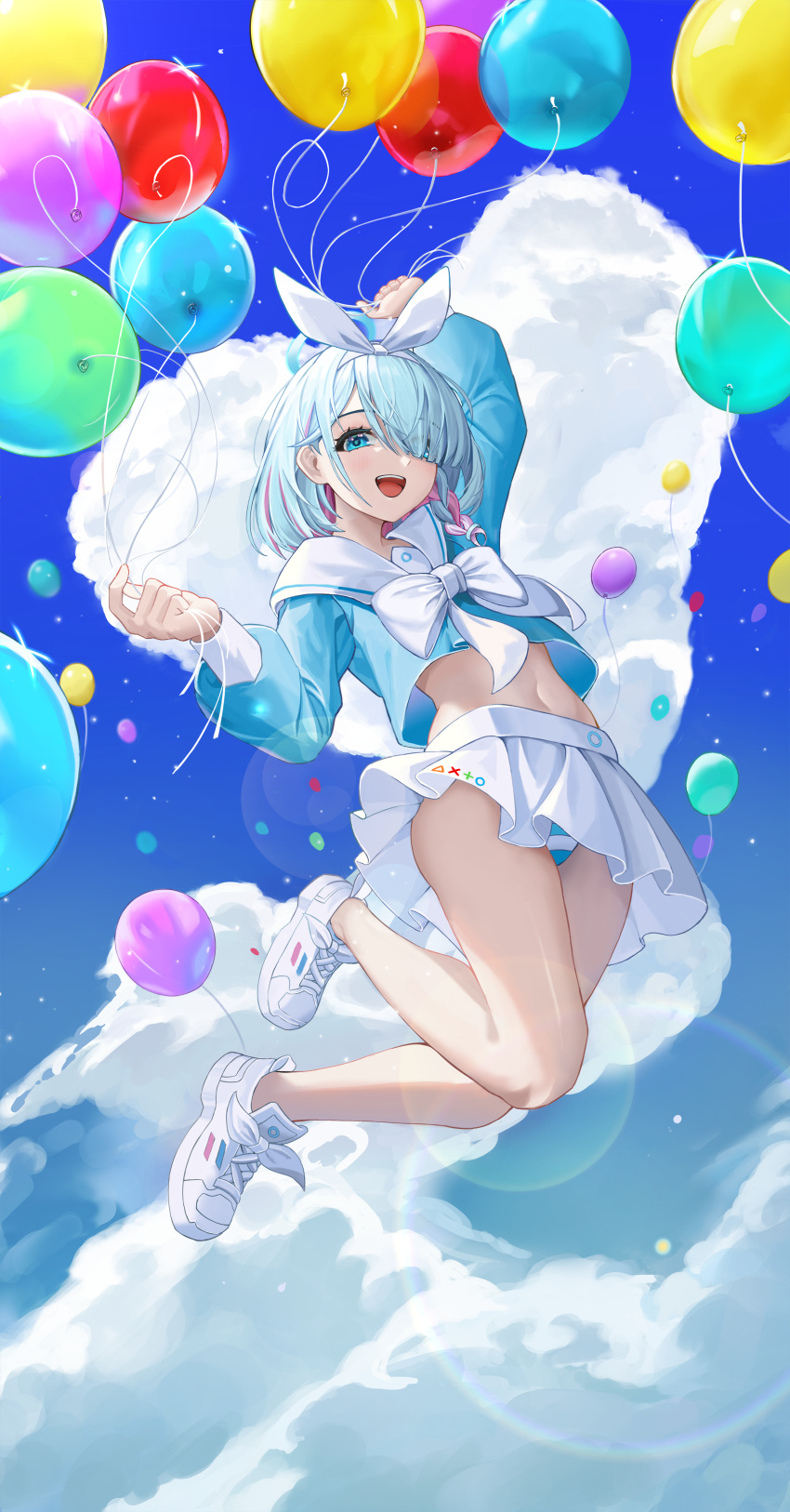 1girl absurdres arm_up arona_(blue_archive) balloon blue_archive blue_hair blue_halo blue_pupils blue_shirt blue_sky bow bow_hairband braid clothes_lift cloud colored_inner_hair commentary cumulonimbus_cloud day eyes_visible_through_hair full_body hair_over_one_eye hairband halo highres holding holding_balloon lens_flare light_blue_hair light_blush long_sleeves looking_at_viewer midriff mizurin multicolored_hair navel open_mouth outdoors panties pantyshot pink_hair pleated_skirt sailor_collar school_uniform shirt shoes short_hair side_braid single_braid skirt skirt_lift sky smile sneakers solo striped striped_panties teeth underwear upper_teeth_only white_bow white_footwear white_hairband white_sailor_collar white_skirt wind wind_lift