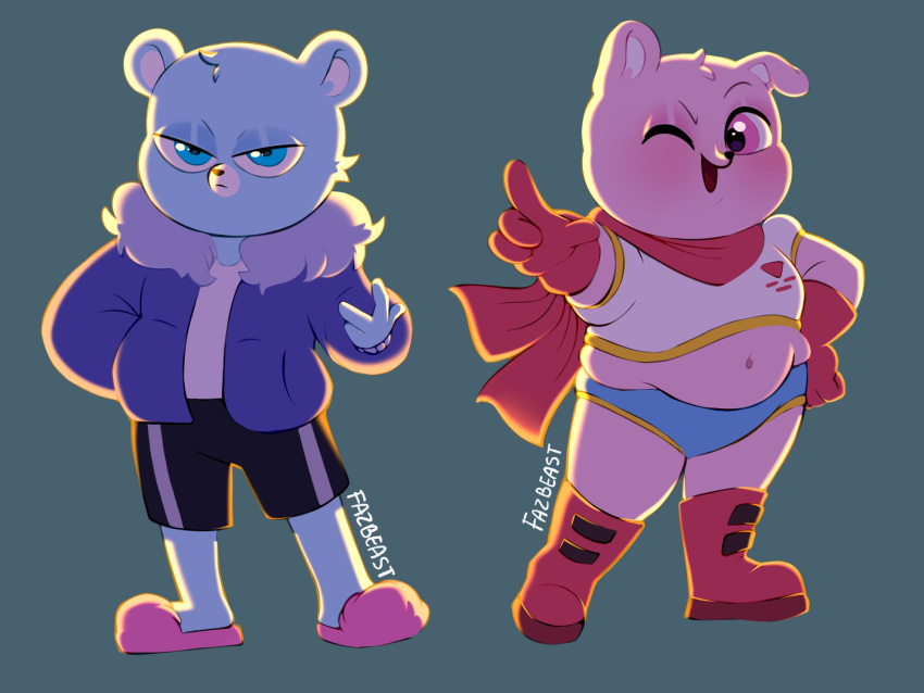 2023 4:3 anthro azulin_(unicorn_wars) bear blue_body blue_eyes bottomwear clothing cosplay crossover crossover_cosplay duo fazbeast gordi_(unicorn_wars) hi_res mammal one_eye_closed papyrus_(undertale) sans_(undertale) shirt shorts simple_background slightly_chubby topwear undertale undertale_(series) unicorn_wars wink