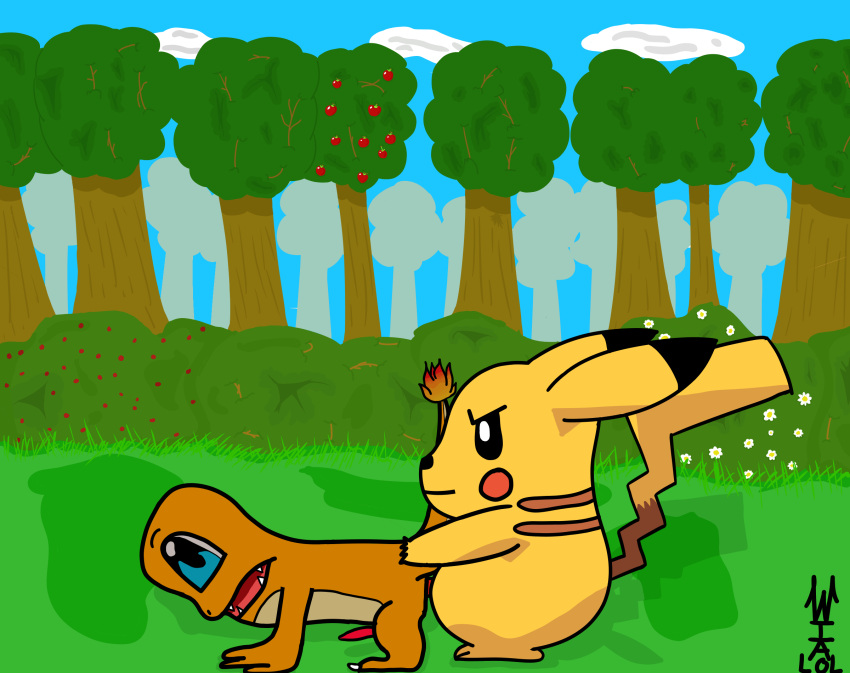 charmander duo forest forest_background generation_1_pokemon hi_res male male/male nature nature_background nintendo pikachu plant pokemon pokemon_(species) tree weirdoiamlol