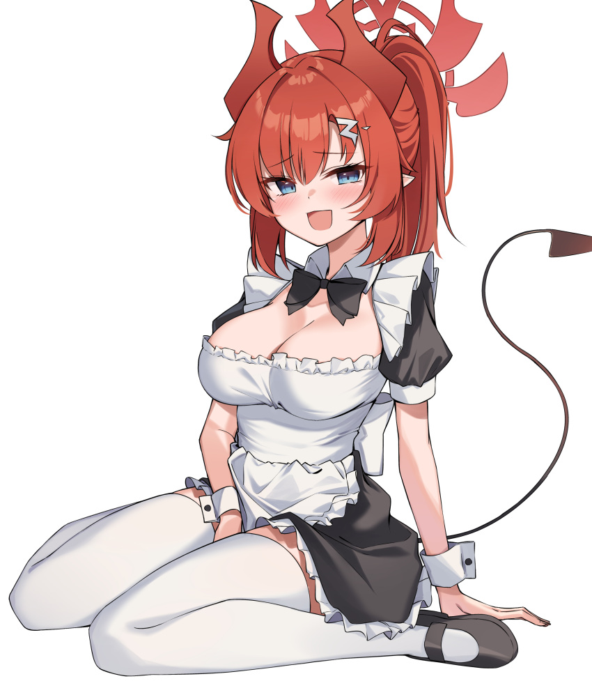 1girl absurdres alternate_costume apron arm_between_legs arm_support black_bow black_bowtie black_footwear blue_archive blue_eyes blush bow bowtie breasts cleavage demon_horns demon_tail enmaided halo highres horns large_breasts looking_at_viewer maid megu_(blue_archive) petticoat pointy_ears ponytail puffy_short_sleeves puffy_sleeves red_eyes short_sleeves simple_background sitting smile solo tail thighhighs wariza white_apron white_background white_thighhighs wrist_cuffs zettai_ryouiki ziro_(zirorong)