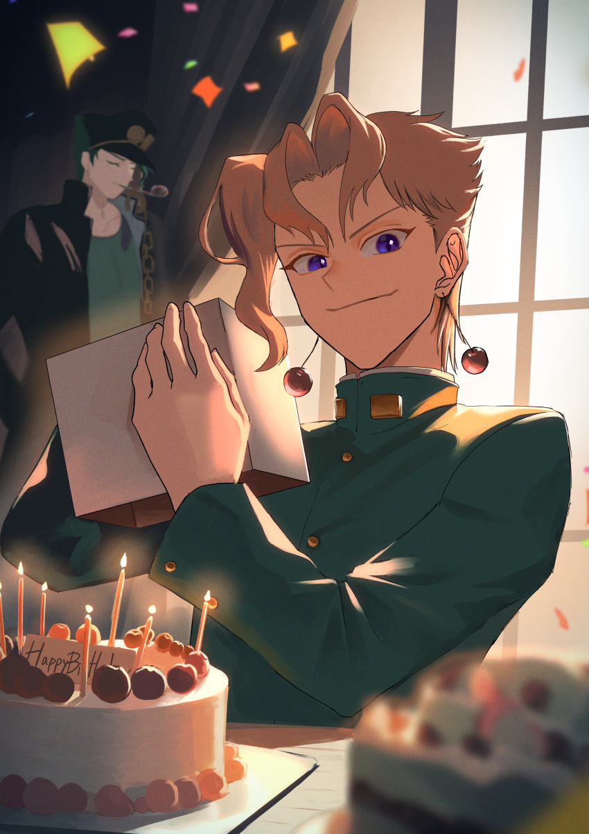 2boys absurdres birthday_cake black_coat blonde_hair blue_eyes box cake candle cherry_earrings closed_eyes closed_mouth coat confetti earrings food food-themed_earrings green_jacket green_shirt highres holding holding_box jacket jewelry jojo_no_kimyou_na_bouken kakyoin_noriaki kujo_jotaro magurosamm male_focus multiple_boys party_whistle shirt short_hair window