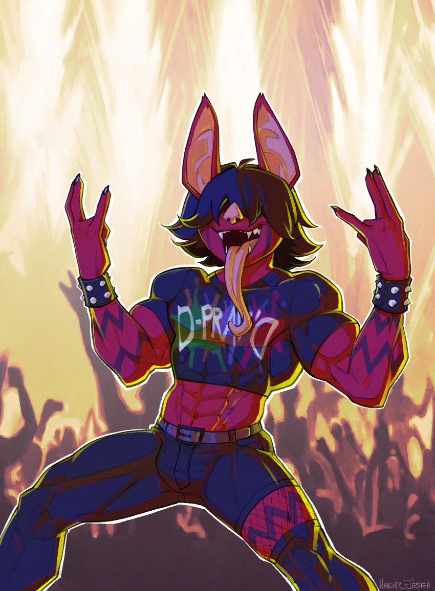 2023 abs anthro armband bat bat_ears black_clothing black_shirt black_t-shirt black_topwear clothing concert dark_hair devil_horns_(gesture) fan_character fangs gesture hair hair_over_eyes hi_res lapinbeau long_tongue male mammal muscular muscular_male red_body red_skin shirt signature solo spiked_armband spikes t-shirt teeth tongue topwear