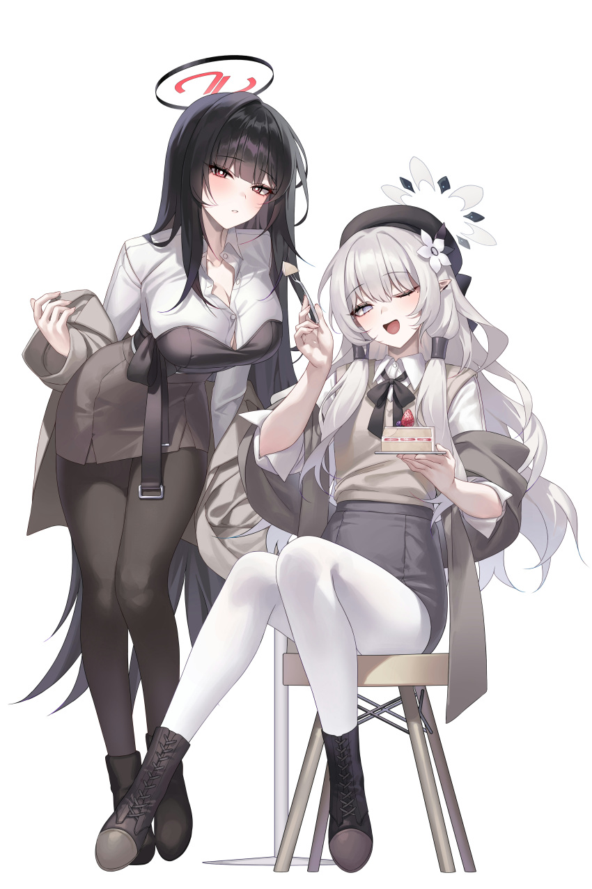 2girls absurdres black_hair black_halo black_pantyhose blue_archive blunt_bangs blush bow bowtie breasts bright_pupils brown_coat brown_shawl brown_sweater_vest cleavage coat coat_partially_removed collared_shirt foot_out_of_frame grey_hair grey_skirt hair_intakes hair_tubes halo highres himari_(blue_archive) leaning_forward long_hair long_sleeves looking_at_viewer miniskirt multiple_girls on_chair one_eye_closed open_mouth pantyhose parted_lips pencil_skirt pointy_ears purple_eyes raki_kr red_bow red_bowtie red_eyes rio_(blue_archive) shawl shirt simple_background sitting skirt sleeves_rolled_up smile standing sweater_vest very_long_hair white_background white_halo white_pantyhose white_pupils white_shirt