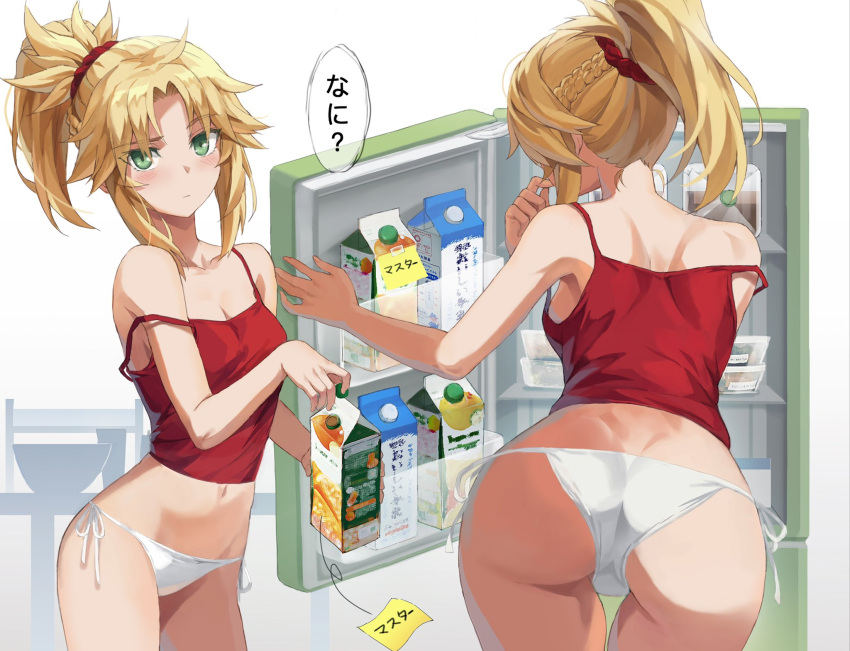 1girl ass back bare_shoulders blonde_hair braid breasts camisole carton collarbone commentary_request crop_top dolphin_shorts fate/apocrypha fate_(series) french_braid green_eyes grey_shorts hair_ornament hair_scrunchie highres jewelry licking_lips long_hair looking_at_viewer midriff milk_carton mordred_(fate) mordred_(fate/apocrypha) multiple_views navel necklace ponytail red_camisole refrigerator revision scrunchie short_shorts shorts sidelocks small_breasts tank_top tonee tongue tongue_out translated underbutt