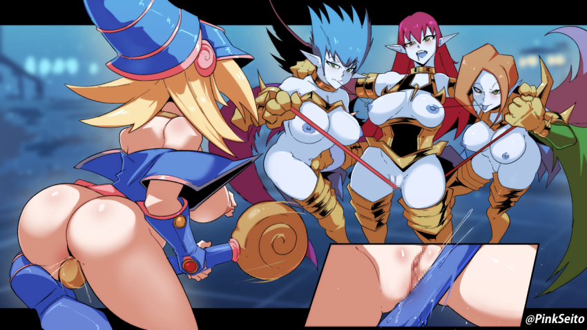 4girls animal_hands artist_name ass bare_shoulders blonde_hair blue_footwear blue_hair blue_headwear blue_skin blush boots breasts censored choker claws colored_skin commentary corset crotch_rub dark_magician_girl duel_monster english_commentary feathered_wings feathers female_masturbation female_orgasm green_eyes green_feathers green_wings hair_between_eyes harpie_lady harpie_lady_(normal_monster) harpie_lady_2 harpie_lady_3 harpie_lady_sisters harpy hat large_breasts letterboxed long_hair masturbation monster_girl mosaic_censoring mouth_hold multiple_girls navel nipple_chain nipple_tweak nipples open_mouth orange_hair orgasm orphen_(pink_seito) paid_reward_available pointy_ears purple_feathers pussy red_hair short_hair siblings sisters spiked_armor spiked_hair staff very_long_hair whip winged_arms wings wizard_hat yu-gi-oh! yuri