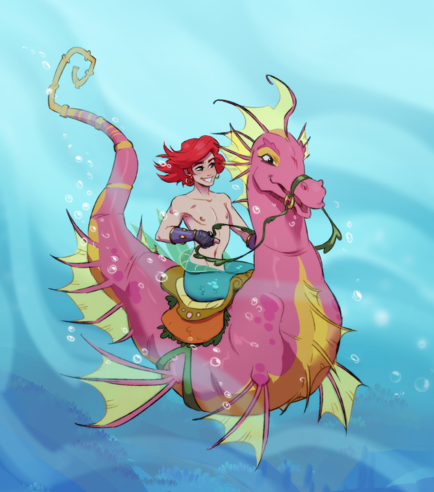 2023 ariel_(disney) crossgender disney duo feral fish ftm_crossgender hair hi_res humanoid male marine merfolk navel nipples open_mouth open_smile pink_body red_hair riding_on_back ripushko seahorse smile split_form syngnathid syngnathiform the_little_mermaid_(1989)