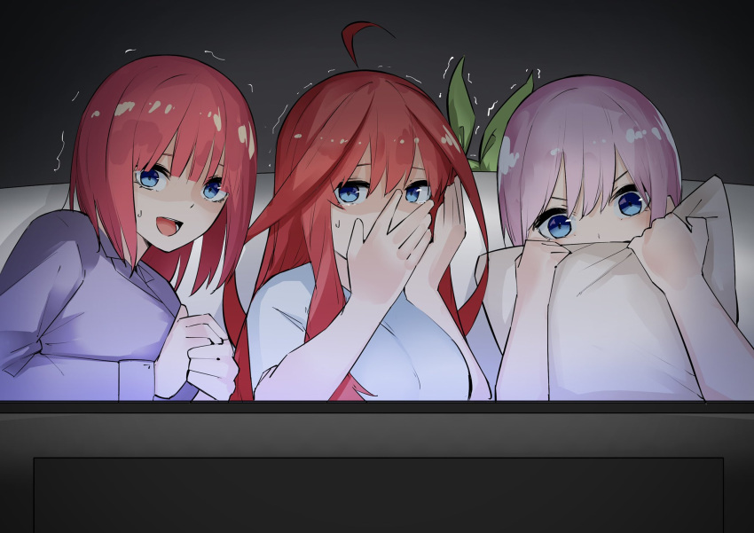 4girls ahoge blue_eyes blunt_bangs breasts commentary couch covering_mouth darkness double-parted_bangs go-toubun_no_hanayome green_ribbon hair_between_eyes hair_down highres indoors large_breasts long_hair looking_at_viewer mame1645 medium_hair multiple_girls nakano_ichika nakano_itsuki nakano_nino nakano_yotsuba no_hair_ornament open_mouth pajamas pillow pillow_grab pink_hair red_hair ribbon scared shaded_face short_hair siblings simple_background sisters sweatdrop tears teeth television trembling twins upper_body v-shaped_eyebrows watching_television wide-eyed