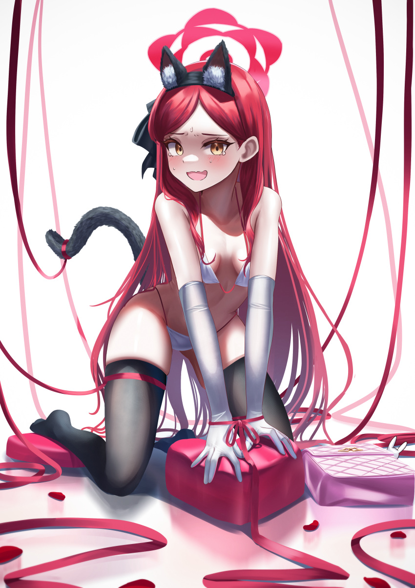 1girl absurdres all_fours animal_ears bikini black_ribbon black_thighhighs blue_archive bound bound_wrists breasts cat_ears cat_tail commentary elbow_gloves fake_animal_ears fake_tail forehead full_body gloves hair_ribbon halo highres long_hair looking_at_viewer manjo_(warito) micro_bikini no_shoes open_mouth pillow red_hair red_ribbon ribbon ribbon_bondage small_breasts smile solo sweat swept_bangs swimsuit tail takane_(blue_archive) tearing_up thighhighs very_long_hair wavy_mouth white_bikini white_gloves yellow_eyes