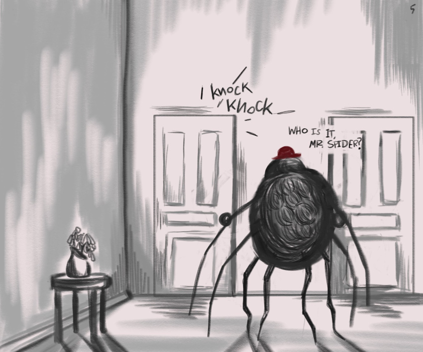 8_legs anthro arachnid arthropod black_body black_fur detailed_background door english_text fur hi_res male mr._spider solo sound_effects spider text the_magnus_archives twistyblitzy