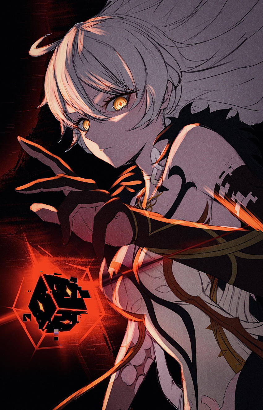 1girl absurdres ahoge bare_shoulders black_background breasts cleavage closed_mouth cube genshin_impact highres medium_breasts nisikm open_hand orange_eyes simple_background solo star-shaped_pupils star_(symbol) symbol-shaped_pupils unfinished unknown_god_(genshin_impact) upper_body v-shaped_eyebrows white_hair