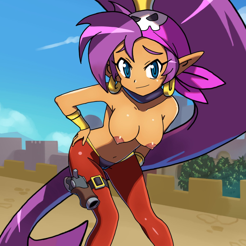 areola armiearts bandanna blue_eyes bracelet breasts camel_toe cleavage clothed clothing ear_piercing ear_ring female gun hair harem_outfit hi_res humanoid_pointy_ears jewelry kerchief long_hair looking_at_viewer not_furry piercing purple_hair ranged_weapon ring_piercing shantae shantae:_and_the_pirate's_curse shantae_(series) smile smiling_at_viewer solo tan_body tan_skin tight_clothing topless wayforward weapon
