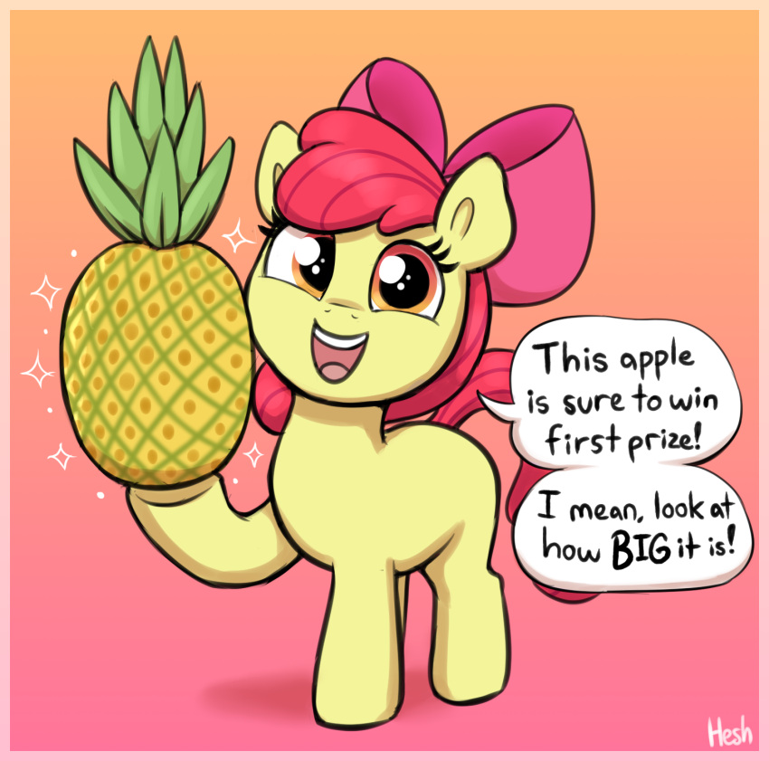 accessory apple_bloom_(mlp) bow_ribbon dialogue earth_pony english_text equid equine female feral food friendship_is_magic fruit fur hair hair_accessory hair_bow hair_ribbon hasbro heretichesh hi_res holding_food holding_object horse mammal mane my_little_pony open_mouth open_smile orange_eyes pineapple plant pony red_hair red_mane red_tail ribbons signature smile solo tail text yellow_body yellow_fur young