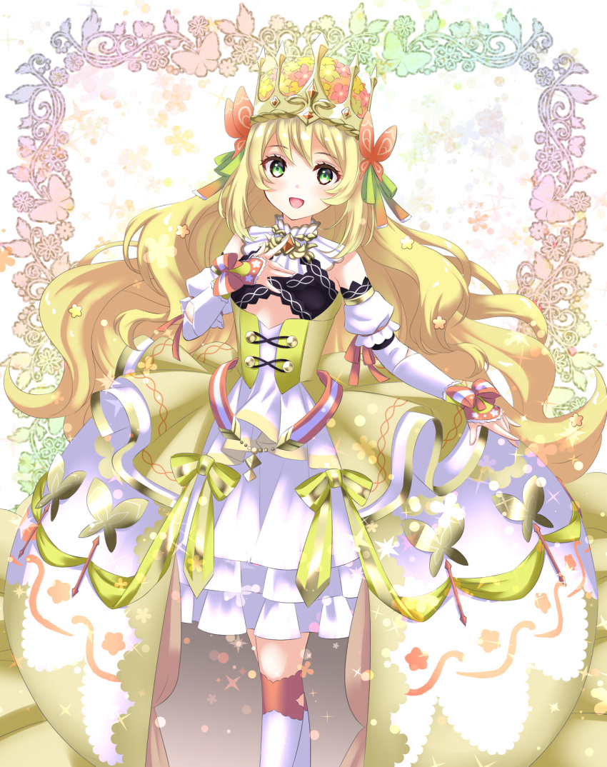 1girl :d bare_shoulders blonde_hair celine_(fire_emblem) commentary_request crown detached_sleeves dress feet_out_of_frame fire_emblem fire_emblem_engage green_eyes green_ribbon hair_ribbon highres kakiko210 long_hair long_sleeves looking_at_viewer open_mouth ribbon sleeveless sleeveless_dress smile solo standing very_long_hair