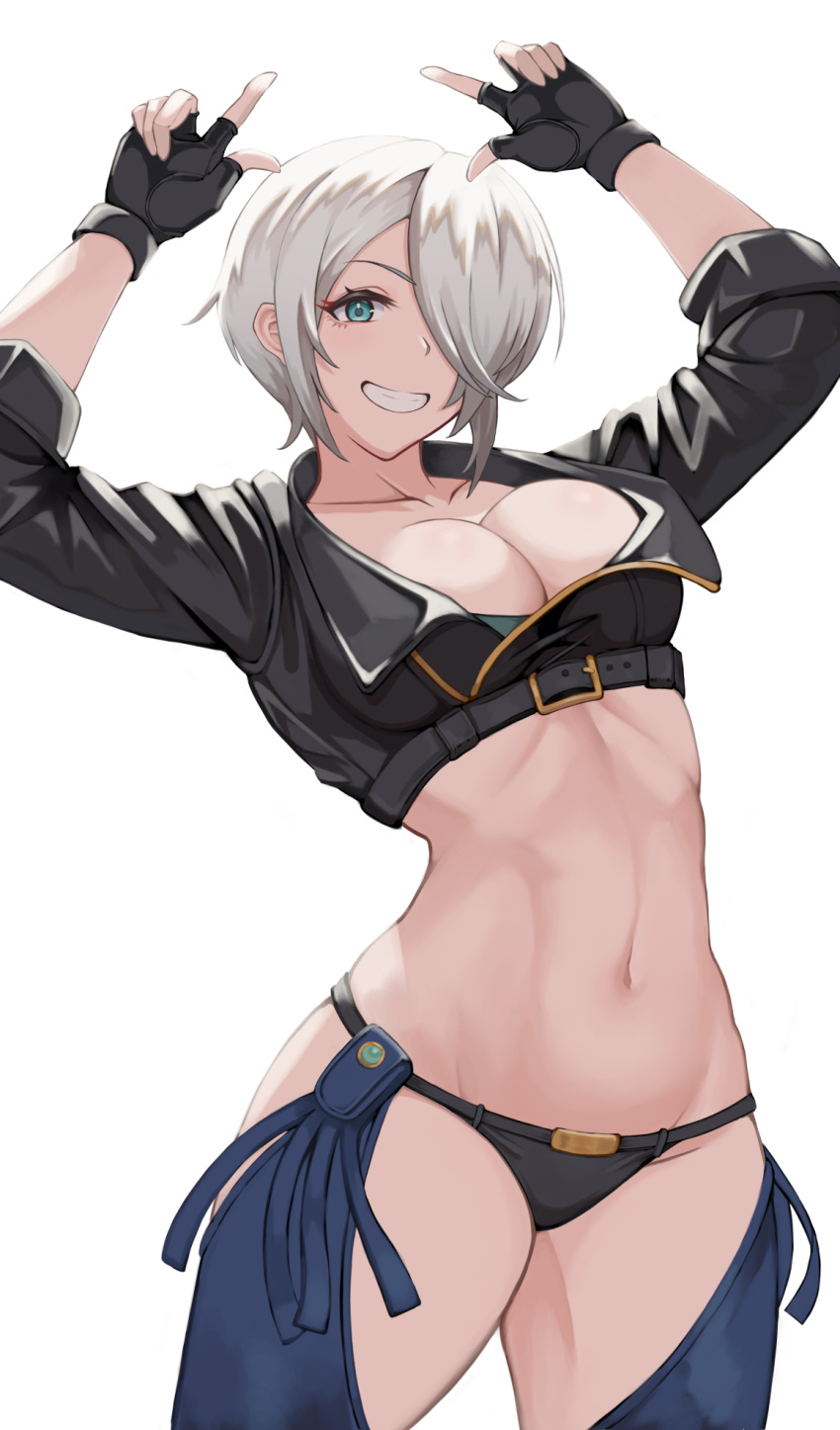 1girl angel_(kof) backless_pants blue_eyes bra breasts chaps cleavage commentary_request crop_top cropped_jacket fingerless_gloves gloves hair_over_one_eye highres horns_pose index_fingers_raised jacket large_breasts leather leather_jacket looking_at_viewer midriff navel panties pants rizzy short_hair smile snk solo strapless strapless_bra teeth the_king_of_fighters the_king_of_fighters_xiv toned underwear white_hair