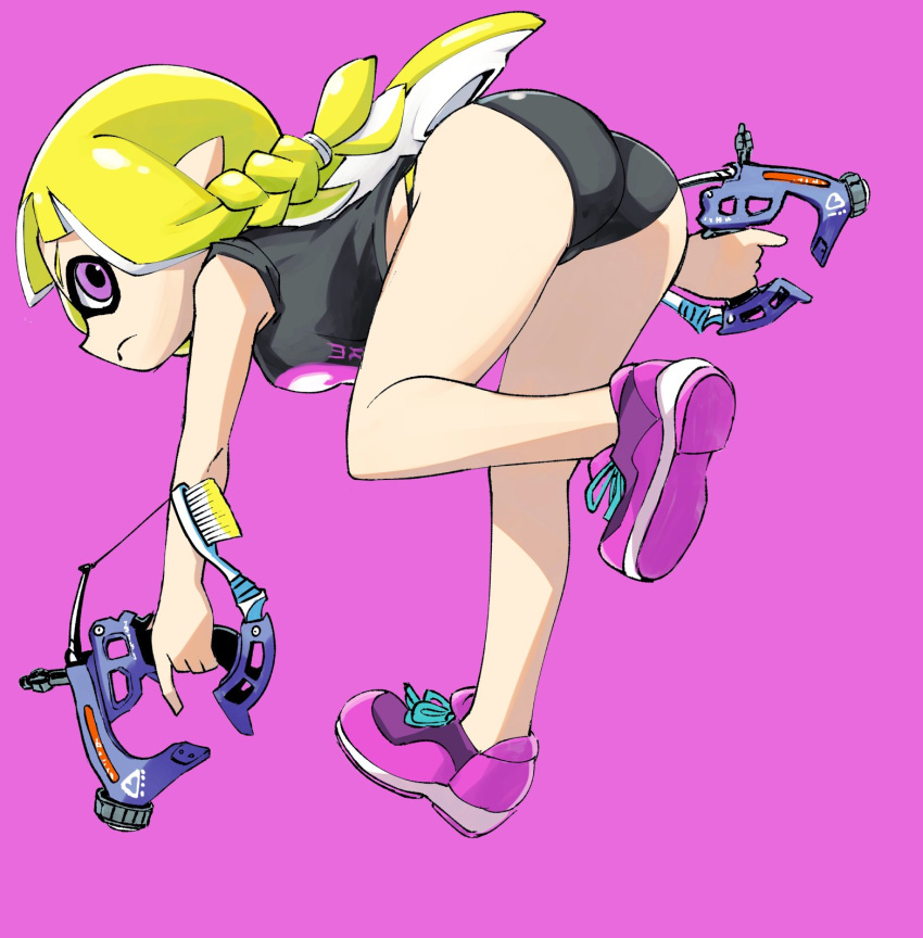 1girl ass bent_over bikini bikini_bottom_only black_bikini black_shirt blonde_hair braid dapple_dualies_(splatoon) dual_wielding from_side highres holding inkling inkling_girl leg_up legs long_hair looking_back muramasa_mikado outstretched_arms pink_background pink_eyes pink_footwear pointy_ears shirt shoes simple_background sleeveless sleeveless_shirt solo splatoon_(series) splatoon_3 standing standing_on_one_leg suction_cups swimsuit tentacle_hair thighs weapon
