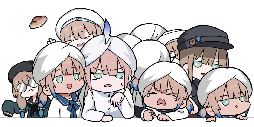 &gt;_&lt; :d baker_nemo_(fate) beret black_headwear blue_hair blue_shirt bread brown_hair cabbie_hat captain_nemo_(fate) chibi closed_eyes commission dark_skin engineer_nemo_(fate) fate/grand_order fate_(series) food glasses green_eyes hat jacket long_hair long_sleeves marine_nemo_(fate) multicolored_hair nemo_(fate) nurse_nemo_(fate) nyaru_(nyaru_4126) opaque_glasses open_mouth professor_nemo_(fate) round_eyewear shirt simple_background skeb_commission sleeves_past_fingers sleeves_past_wrists smile sweat tears turban two-tone_hair v-shaped_eyebrows wavy_mouth white_background white_headwear white_jacket