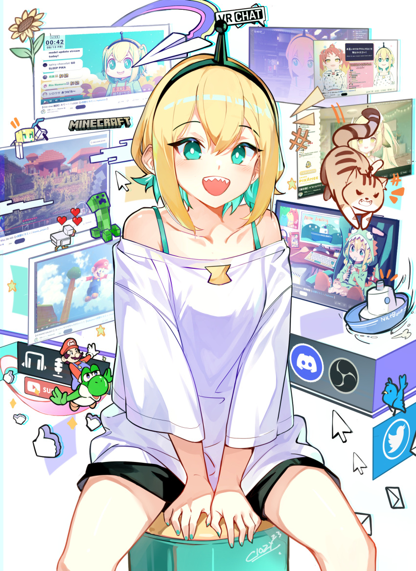 1girl :d ^^^ amano_pikamee between_legs black_hairband black_shorts blonde_hair boat bright_pupils cat chicken_(minecraft) closz collarbone commentary creeper cursor discord england envelope flower green_eyes green_hair green_nails hairband hand_between_legs heart highres hikasa_tomoshika long_sleeves looking_at_viewer mario mario_(series) meme minecraft_pickaxe nice_boat_(meme) obs_studio off-shoulder_shirt off_shoulder paper_airplane sharp_teeth shirt short_hair shorts simple_background sitting smile socks_(amano_pikamee) solo_focus sunflower teeth twitter_logo upper_body upper_teeth_only voms vrchat watercraft white_background white_pupils white_shirt window_(computing) yoshi