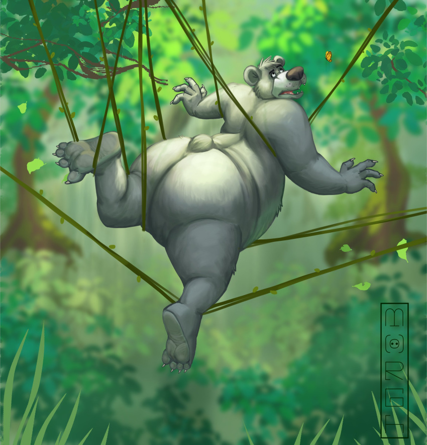 2023 4_fingers absurd_res anthro baloo bear belly big_belly big_butt butt detailed_background feet fingers fur grey_body grey_fur hi_res male mammal outside overweight overweight_male plant solo the_jungle_book themorghull tree