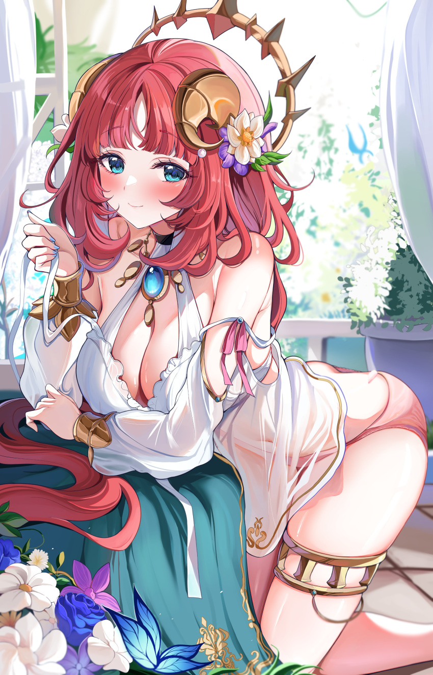 1girl absurdres bare_shoulders blush bracer breasts brooch cleavage fake_horns flower genshin_impact green_eyes hair_flower hair_ornament harem_outfit highres horns jewelry large_breasts long_hair long_sleeves looking_at_viewer necklace nilou_(genshin_impact) panties pink_panties puffy_long_sleeves puffy_sleeves red_hair sak_(lemondisk) sidelocks smile solo thighlet thighs underwear