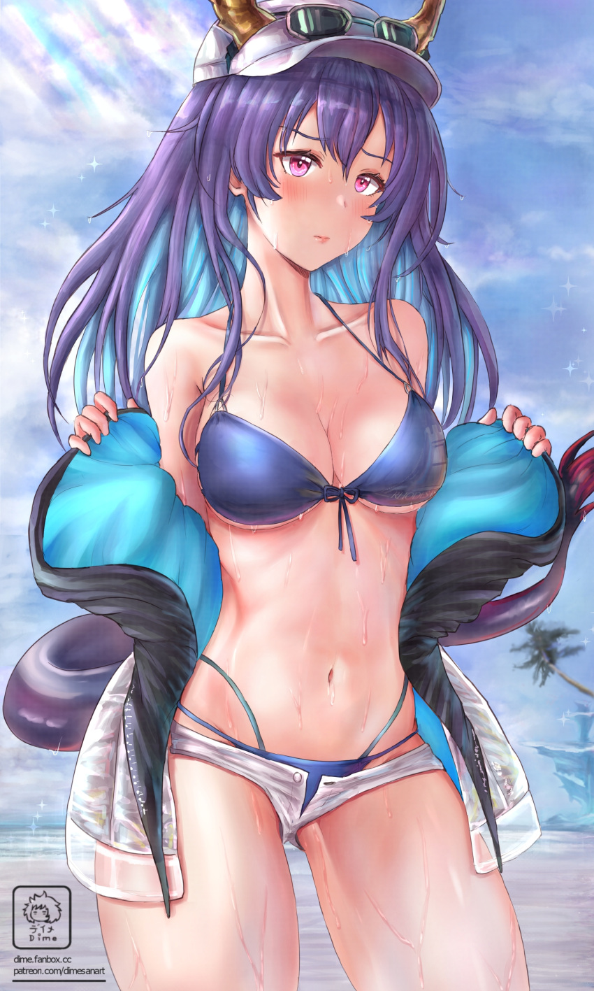 1girl absurdres arknights bangs bare_shoulders baseball_cap bikini blue_bikini blue_hair blue_sky blush breasts ch'en_(arknights) ch'en_the_holungday_(arknights) cloud collarbone colored_inner_hair commentary_request cowboy_shot day dime-san dragon_horns dragon_tail eyewear_on_headwear hat highres horns jacket large_breasts long_hair micro_shorts multicolored_hair navel off_shoulder open_clothes open_jacket pink_eyes purple_hair shorts sky solo standing stomach sunglasses swimsuit tail thighs very_long_hair white_headwear white_shorts