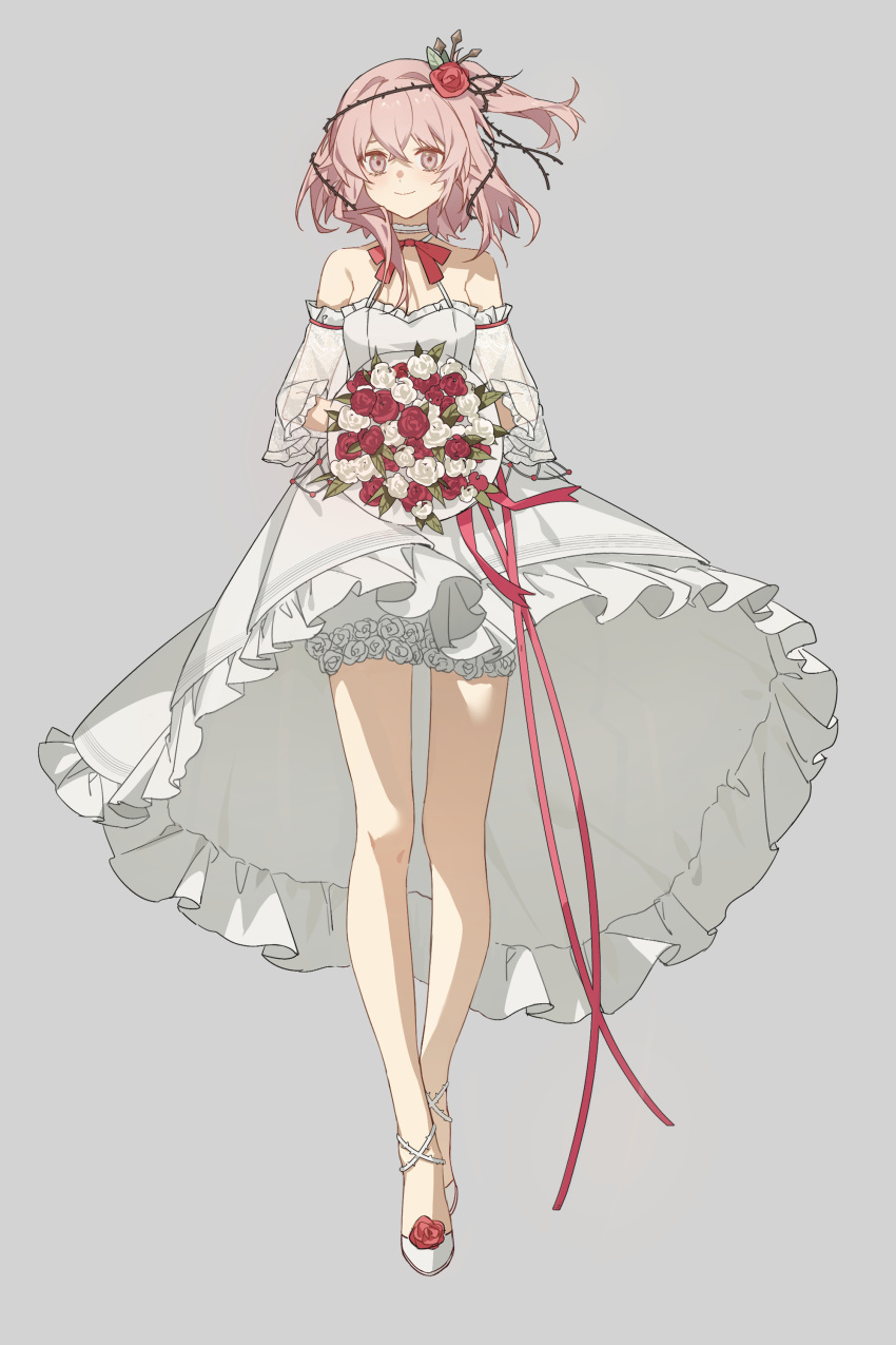 1girl absurdres bare_shoulders bloomers blush bouquet bow breasts choker closed_mouth detached_sleeves dress flower grey_background hair_flower hair_ornament highres holding holding_bouquet lai_dou_laile_555 light_smile looking_at_viewer medium_hair nijisanji nijisanji_en pink_eyes pink_hair plant red_bow red_flower red_ribbon red_rose ribbon rose rosemi_lovelock see-through see-through_sleeves short_sidetail simple_background small_breasts solo thorns underwear vines white_choker white_dress white_flower white_rose