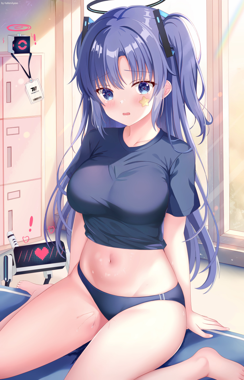 1girl absurdres artist_name barefoot black_shirt blue_archive blue_buruma blue_eyes blue_hair blush breasts buruma chinese_commentary commentary_request cropped_shirt facial_mark groin gym_uniform hair_ornament halo heart highres id_card indoors kallen_ayase lanyard light_frown long_hair looking_at_viewer medium_breasts midriff monitor navel parted_lips shirt short_sleeves sitting solo star_(symbol) sunlight sweat t-shirt two_side_up wariza window yuuka_(blue_archive)