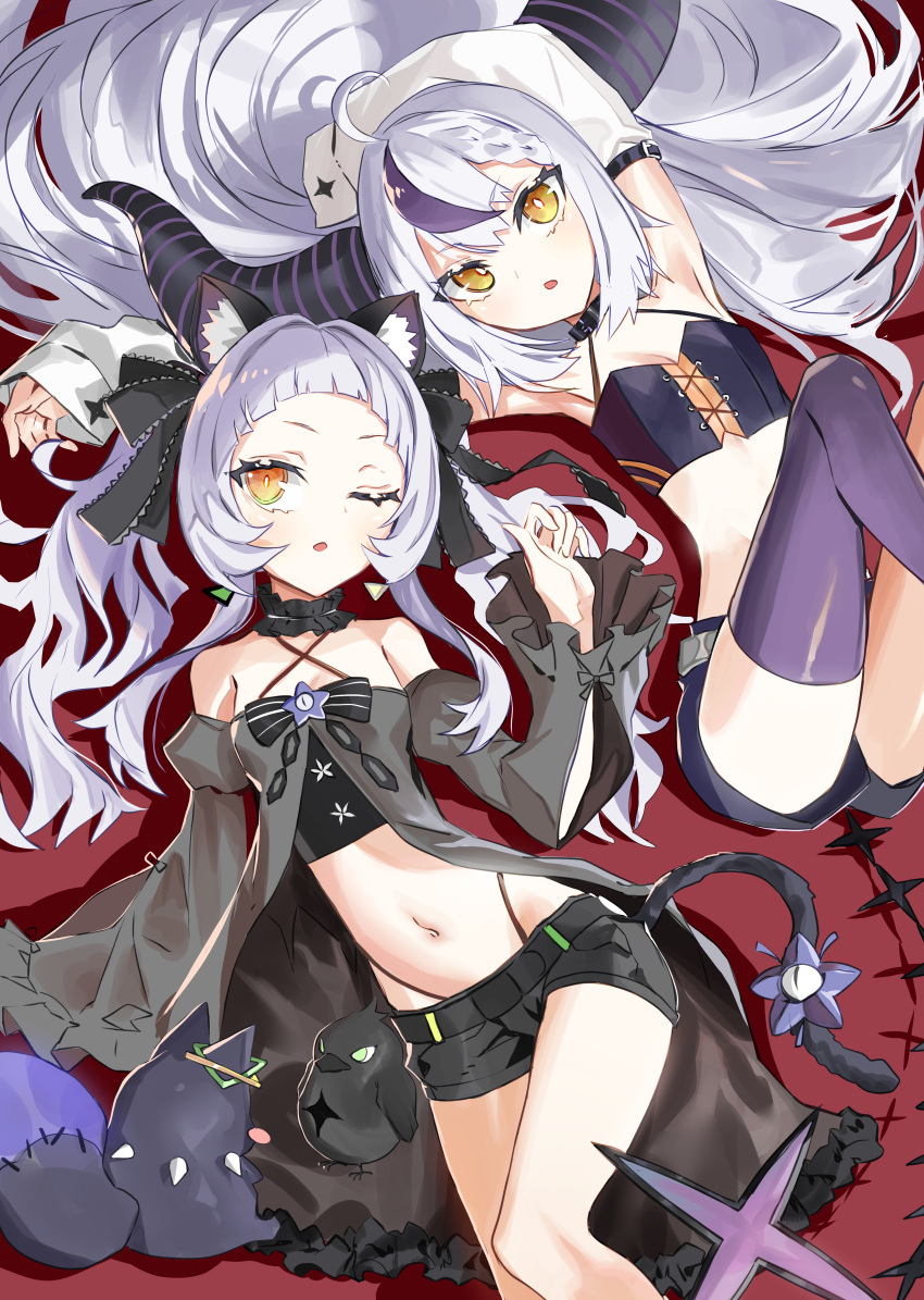 2girls absurdres animal_ears black_collar cat_ears cat_tail collar cropped_shirt detached_sleeves dress frilled_dress frills grey_hair highres hololive horns la+_darknesss long_hair lying multicolored_hair multiple_girls murasaki_shion purple_hair ryoma_(rym_369) short_shorts shorts single_thighhigh streaked_hair striped_horns tail thighhighs twintails virtual_youtuber