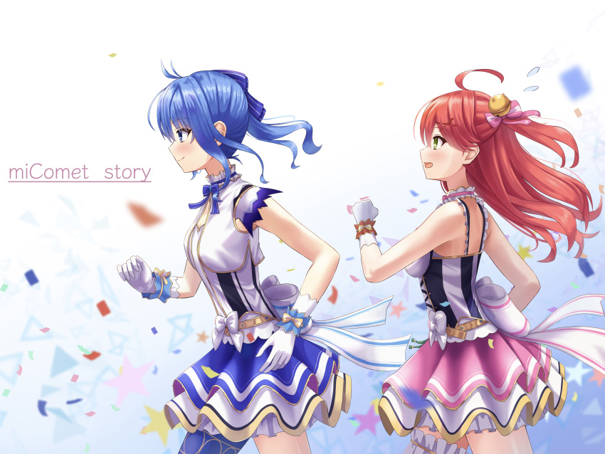 2girls absurdres asakura_(asa_t77) back_bow bell belt blue_bow blue_bowtie blue_eyes blue_hair blue_skirt blue_thighhighs blush bodice bow bow_skirt bowtie bridal_garter closed_mouth commentary_request confetti cowboy_shot english_text frilled_straps frills gloves green_eyes hair_bell hair_ornament hairclip highres hololive hololive_idol_uniform hoshimachi_suisei idol idol_clothes jingle_bell large_bow layered_skirt long_hair miniskirt multiple_girls official_alternate_costume one_side_up open_mouth pink_hair pink_skirt profile red_hair running sakura_miko single_thighhigh skirt skirt_set sleeveless smile thighhighs vest virtual_youtuber white_bow white_gloves white_skirt white_vest wrist_cuffs x_hair_ornament
