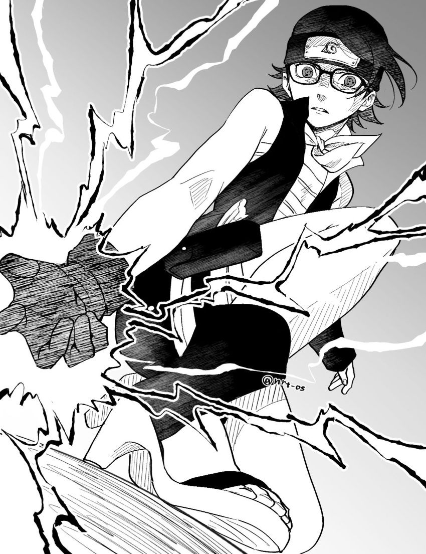 1girl angry boruto:_naruto_next_generations dress electricity flat_chest glasses gloves greyscale headband high_heels highres konohagakure_symbol looking_down monochrome naruto_(series) nrt_os_(artist) sharingan short_dress short_hair solo strapless tube_top uchiha_sarada