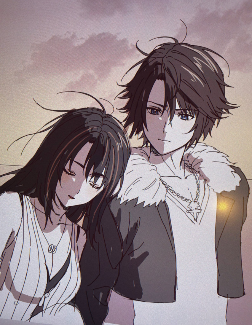 1boy 1girl 234_(1234!) black_jacket black_shirt blue_eyes brown_hair cardigan chain_necklace closed_eyes cloud cropped_jacket expressionless final_fantasy final_fantasy_viii fur-trimmed_jacket fur_trim highres jacket jewelry leaning leaning_on_person long_hair multicolored_hair necklace ring_necklace rinoa_heartilly scar scar_on_face shirt short_hair sky sleepy sleeveless sleeveless_shirt squall_leonhart streaked_hair sunset twilight v-neck white_shirt
