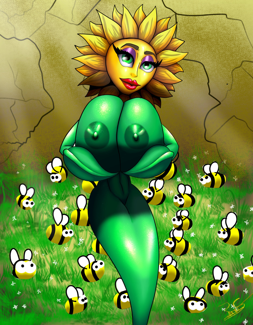 absurd_res anthro arthropod bee big_breasts breast_play breast_squish breasts conker's_bad_fur_day curvaceous curvy_figure elemental_creature female flora_fauna flower flower_creature green_eyes grey_body hi_res humanoid hymenopteran insect irc_(artist) lips lipstick makeup miss_sunflower nipples plant presenting rareware solo squish thick_thighs voluptuous