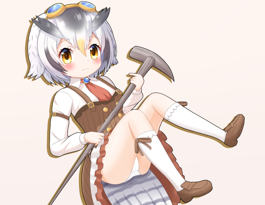 1girl ass blush breasts brown_background brown_dress brown_eyes brown_footwear closed_mouth collared_shirt commentary_request dress frilled_dress frills goggles goggles_on_head grey_hair hair_between_eyes highres holding kemono_friends loafers long_sleeves looking_at_viewer northern_white-faced_owl_(kemono_friends) panties puffy_long_sleeves puffy_sleeves shin01571 shirt shoes simple_background small_breasts socks solo underwear white_hair white_panties white_shirt white_socks