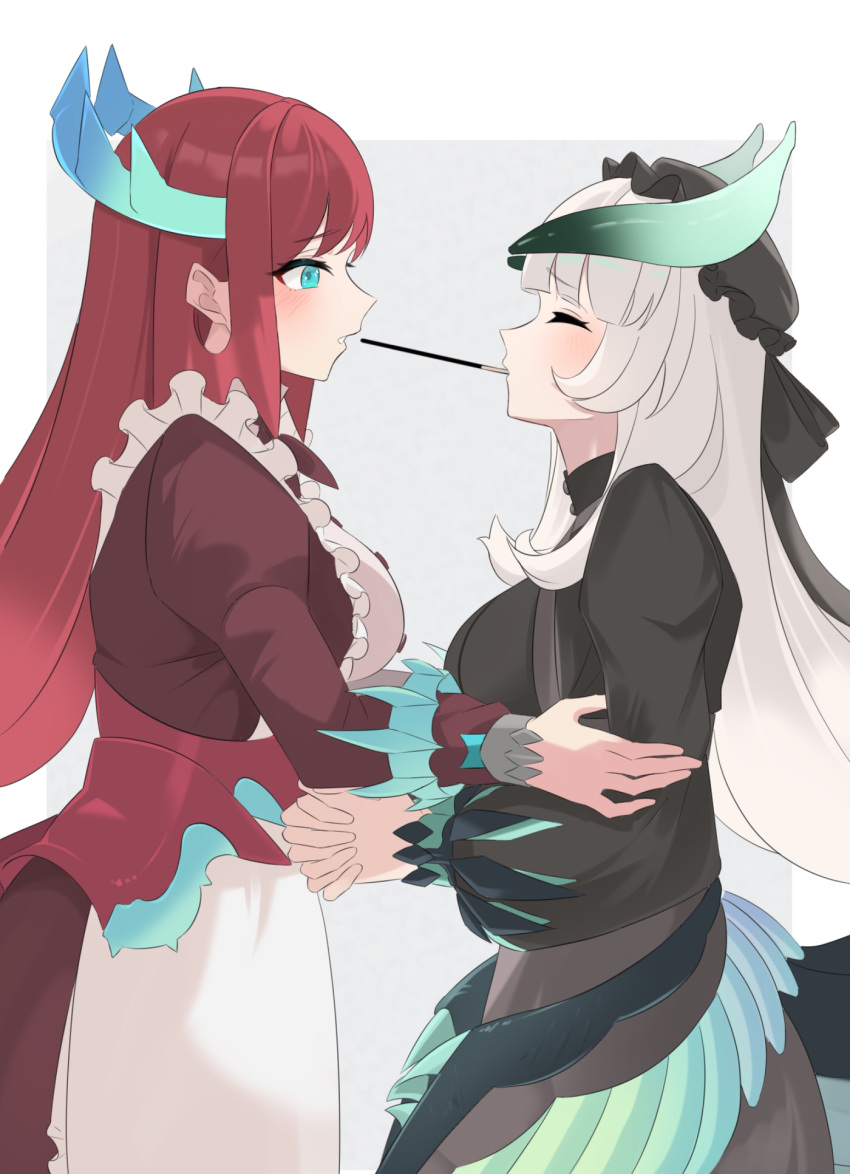 2girls blue_eyes blunt_bangs chamber_dragonmaid closed_eyes dragon_horns dragon_tail dress duel_monster feathered_wings food food_in_mouth grey_hair heichi highres holding_another's_arm horns juliet_sleeves kitchen_dragonmaid long_hair long_sleeves low_wings mouth_hold multiple_girls own_hands_clasped own_hands_together pocky pocky_in_mouth pocky_kiss puffy_sleeves red_hair tail wings yu-gi-oh! yuri