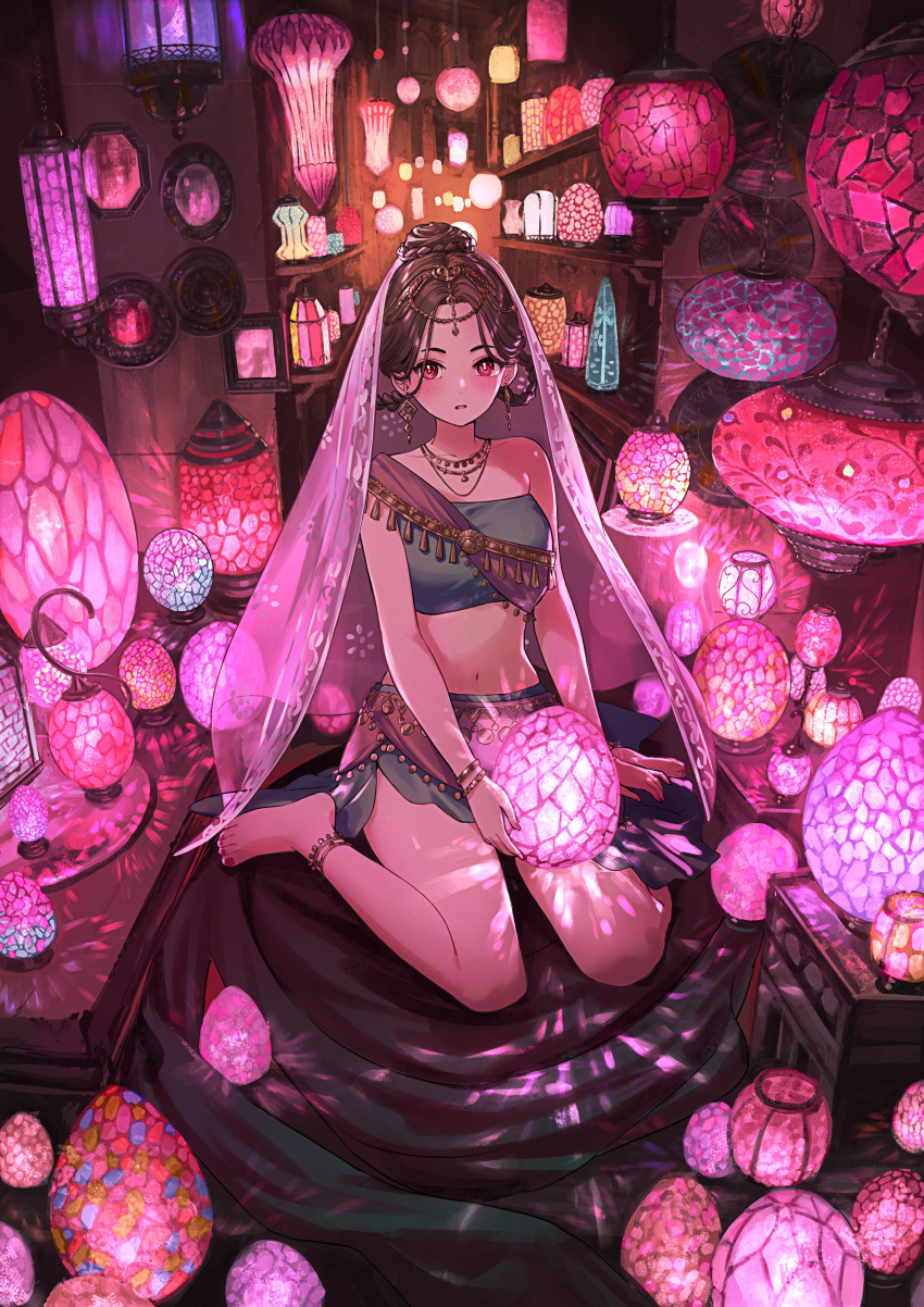 1girl absurdres anklet bangle bare_shoulders blush bracelet breasts carpet chandelier collarbone crop_top earrings green_shirt hair_ornament hallway highres holding_lamp indian_clothes indoors jewelry lantern looking_at_viewer medium_breasts mirror navel necklace nemoto_yuuma original parted_lips red_eyes sari shelf shirt sitting solo stomach too_many veil wariza