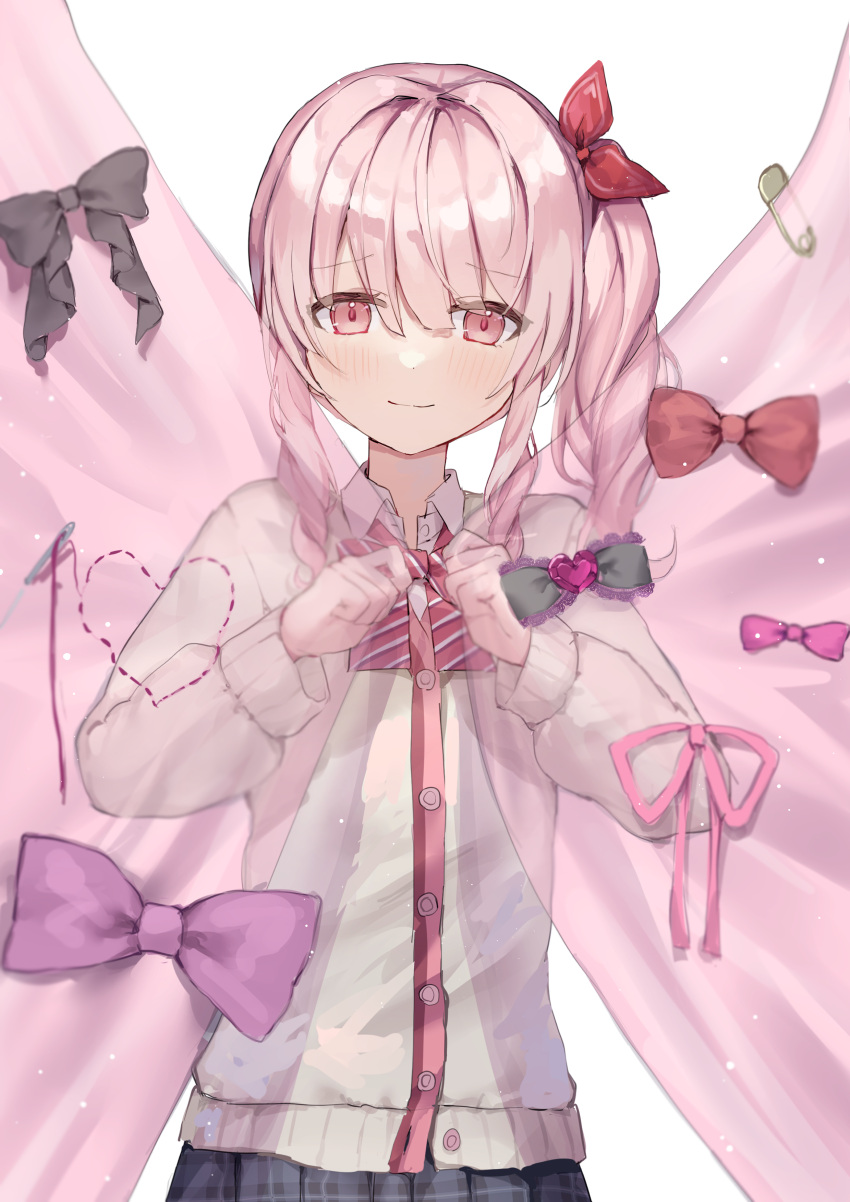 1other absurdres akiyama_mizuki androgynous bow bowtie cardigan closed_mouth collared_shirt commentary curtains diagonal-striped_bowtie grey_bow grey_skirt hair_between_eyes hair_bow heart highres long_hair long_sleeves looking_at_viewer other_focus pink_eyes pink_gemstone pink_hair pink_ribbon plaid plaid_skirt pleated_skirt project_sekai red_bow red_bowtie ribbon ririru safety_pin shirt side_ponytail sidelocks skirt solo straight-on striped striped_bow striped_bowtie two-tone_bowtie upper_body white_background white_bow white_bowtie white_shirt