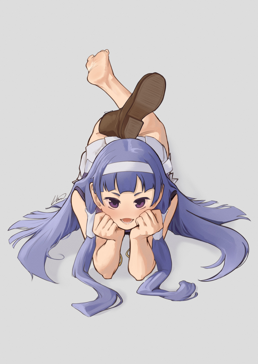 1girl absurdres aiharararara barefoot blue_hair blush grey_background headband highres kannagi long_hair looking_at_viewer lying nagi_(kannagi) on_stomach open_mouth purple_eyes shoes simple_background single_barefoot single_shoe soles the_pose