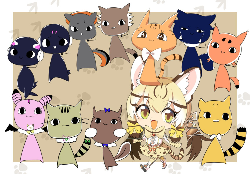 1girl animal animal_ears bow bowtie cat cat_ears cat_girl cat_tail extra_ears geoffroy's_cat_(kemono_friends) grey_background grey_hair highres kemono_friends kemono_friends_v_project kneehighs lets0020 long_hair looking_at_viewer microphone ribbon shirt shoes simple_background skirt socks suspenders tail twintails virtual_youtuber yellow_eyes